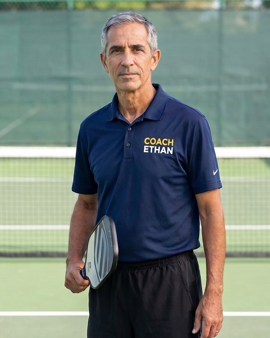 Coach Ethan on a pickleball court, holding a paddle